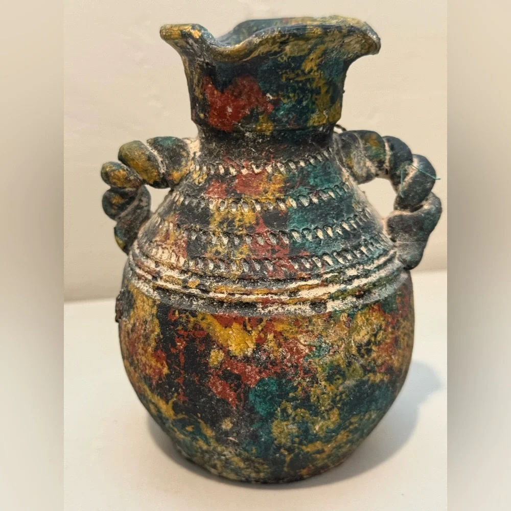 Pottery Vintage Vase Brass and Copper Accents Loop‎ Handles Primitive Folk Art